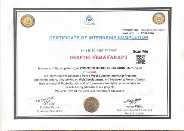 PRNAV CAD Certified Intern - DEEPTHI VEMAVARAPU